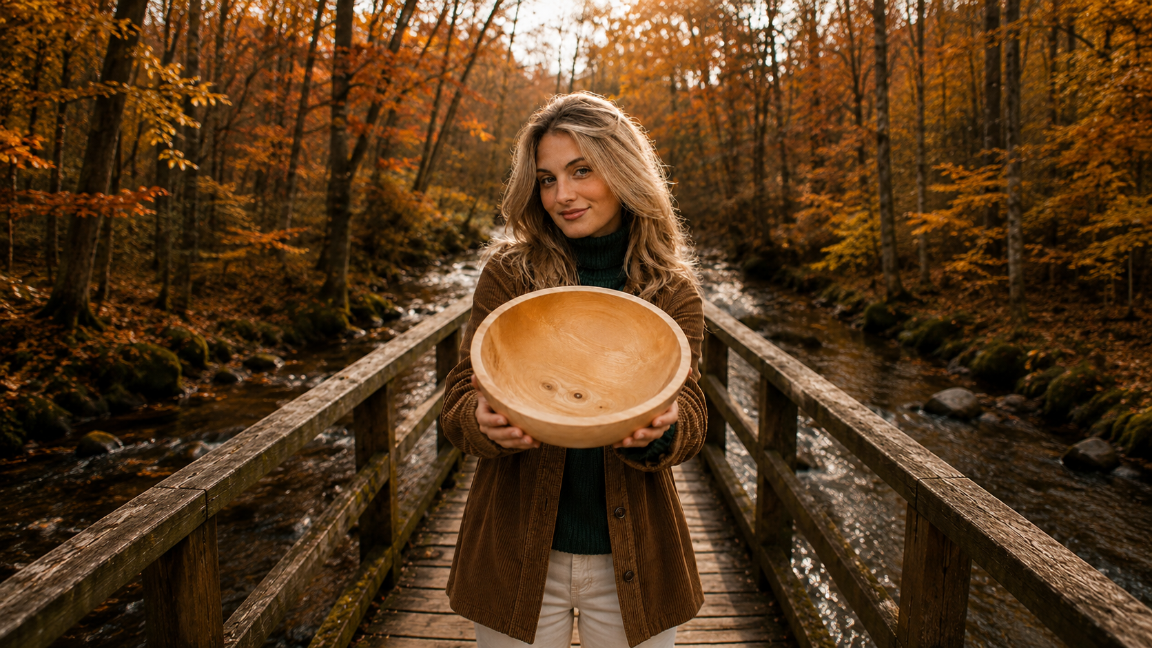 Frau mit Arvenschale auf Holzbrücke im Herbstwald